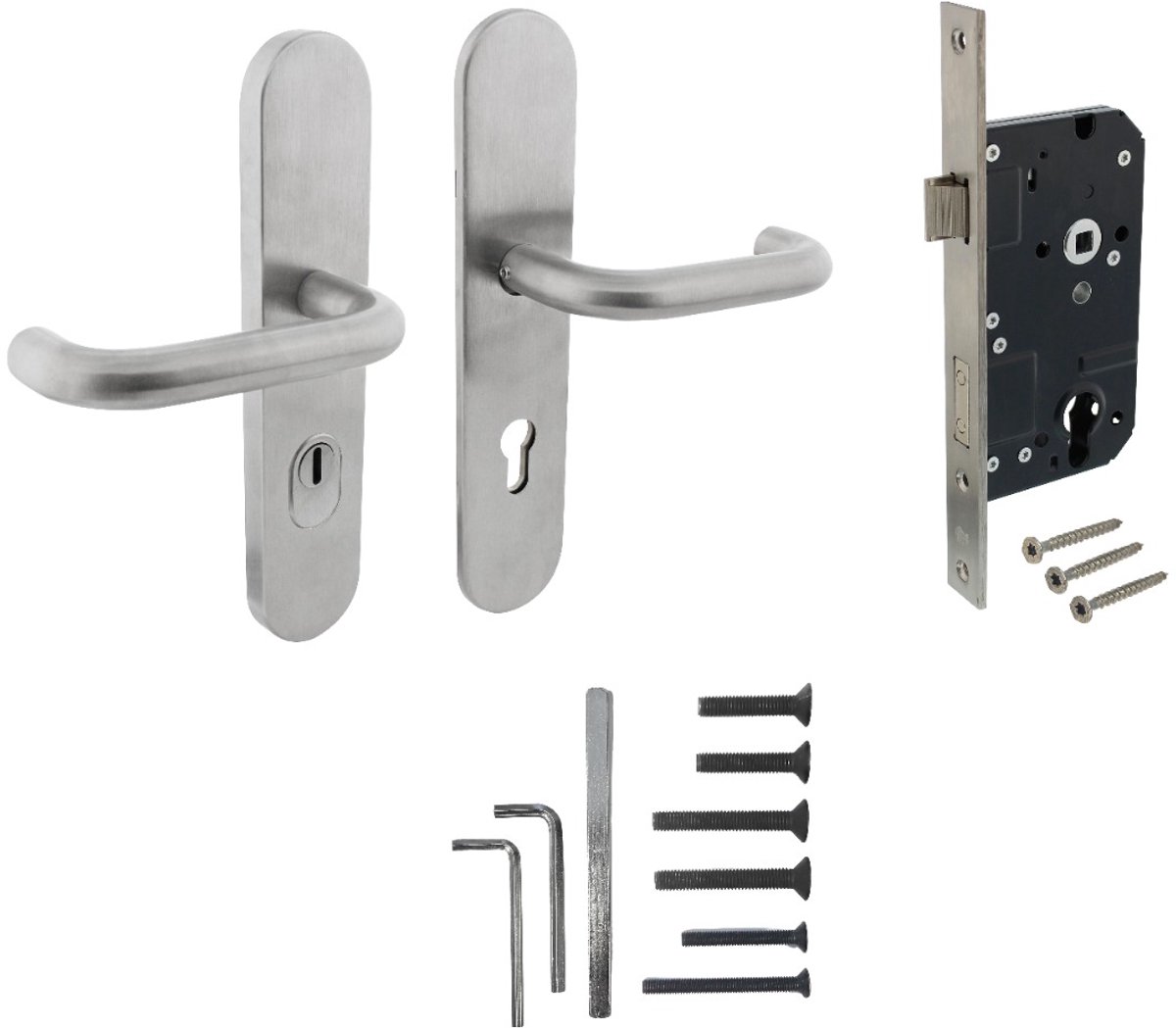 Intersteel Set achterdeurbeslag ovaal verdekt: SKG3 veiligheidsbeslag ovaal 255x52mm kruk/kruk kt72 met SKG2 slot 72pc rvs