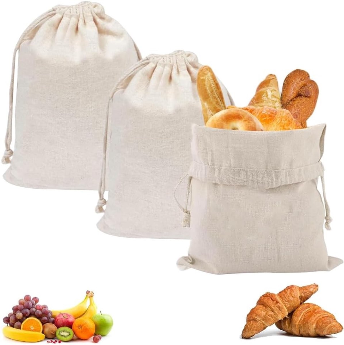 Broodzakken - Katoen - 30 x 40 cm - Set van 3 Stuks - Voor Ruimtebesparende Broodopslag