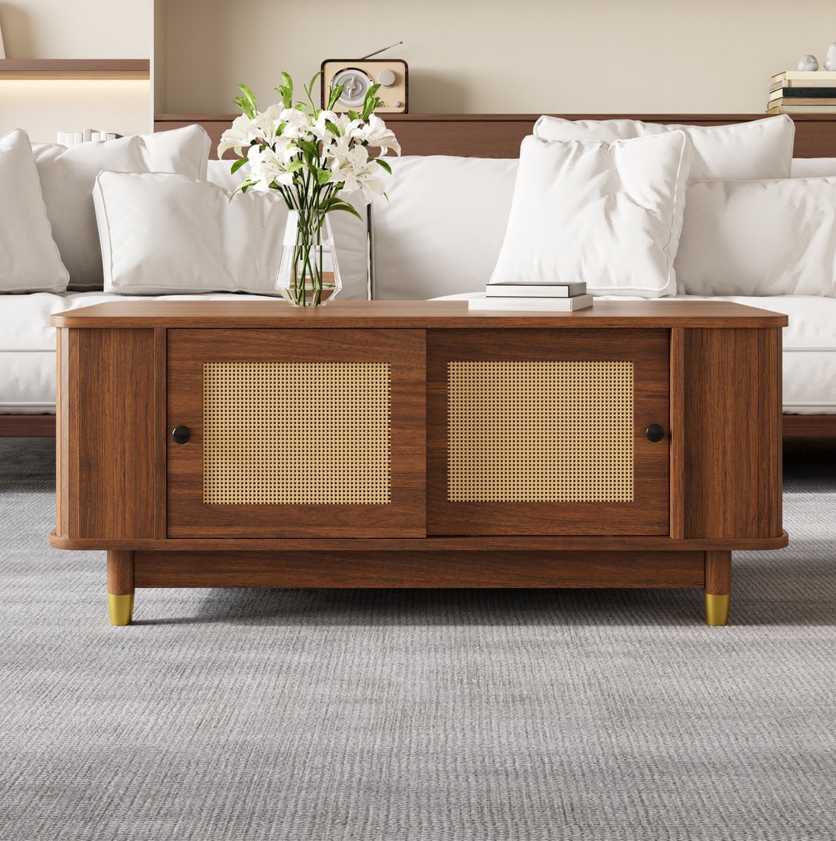 REDOM - Salontafel met Rattan schuifdeuren - Ronde hoeken - Opbergruimte - MDF met houtlook - Modern - Woonkamer - Walnoot - 100 x 50 x 42 cm