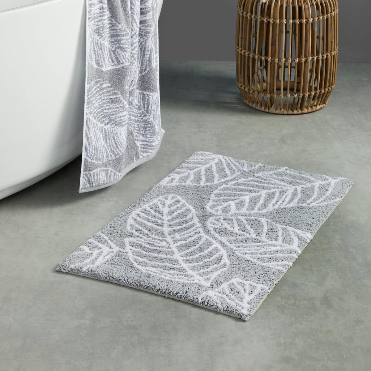 SnelShoppen - Zachte Badmat 50 x 80 cm in Grijs - 100% Katoen, Antislip, Tufted, Moderne Bladprint voor Badkamer, Stijlvol en Absorberend