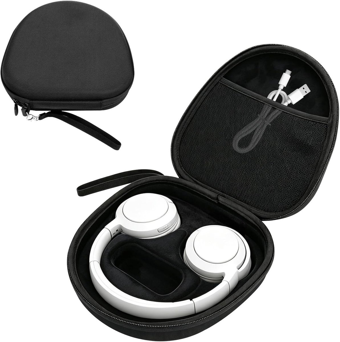 Draagbare hardshell hoofdtelefoontas voor draadloze over-ear hoofdtelefoons, geschikt voor bescherming en transport, zwart