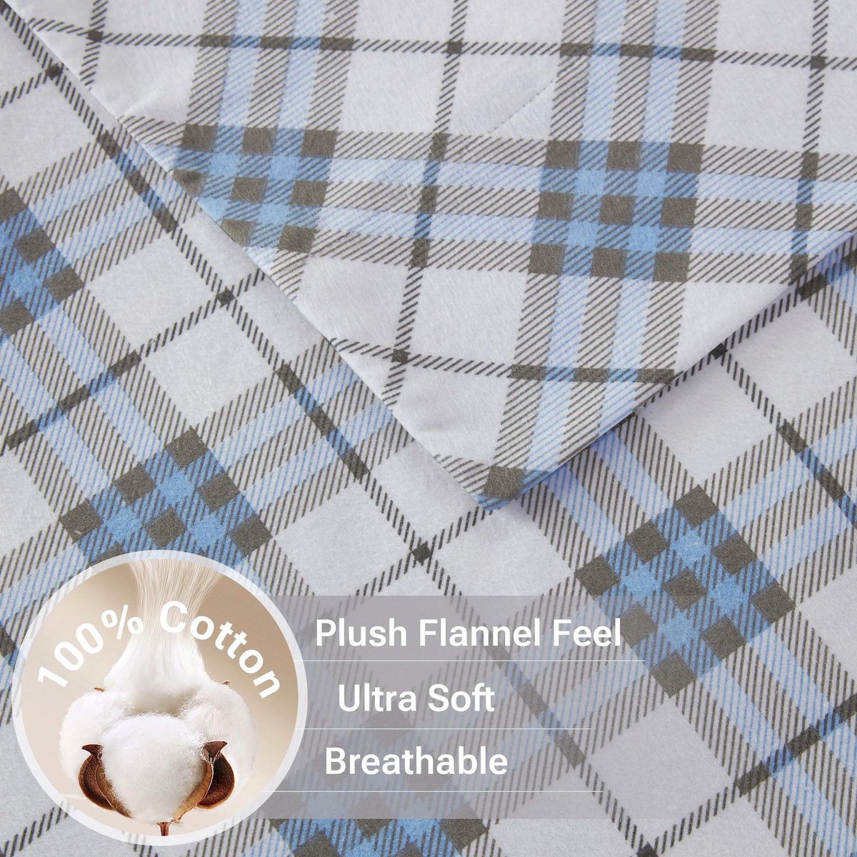 SnelShoppen - Flanellen Beddengoed Set 100% Katoen Ultra Zacht voor Koude Nachten, Tweelingmaat, Blauwe Plaid, Geschikt voor Matrassen tot 14 Inch