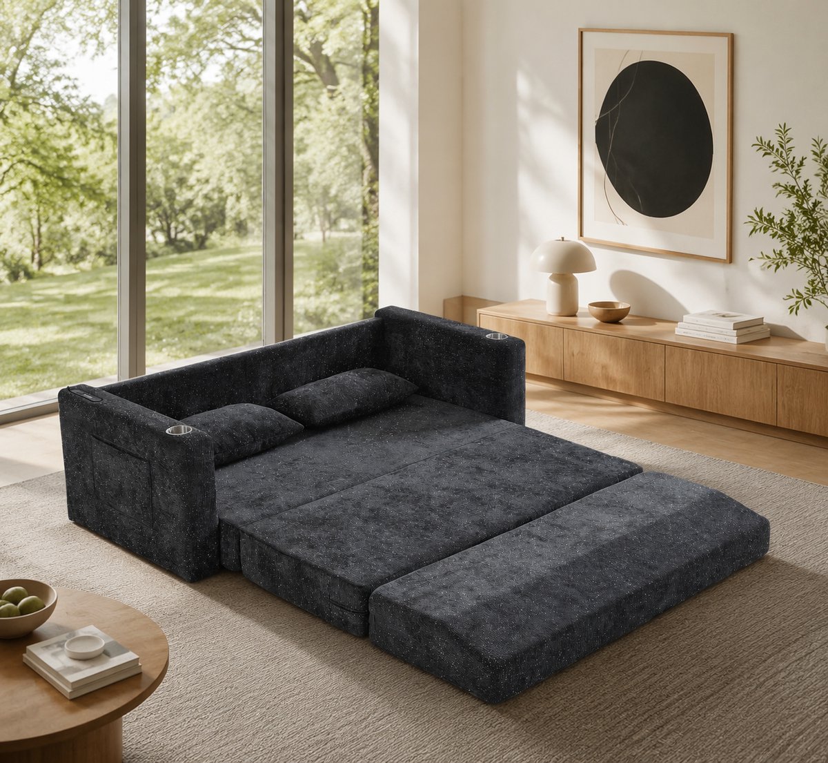 OKWISH Slaapbank 153 x 77 x 65 cm - 2-Zits 2-In-1 Opklapbaar Met USB, Bekerhouders En Zijvakken - Woonkamer Of Appartement - Chenille - Zwart Grijs