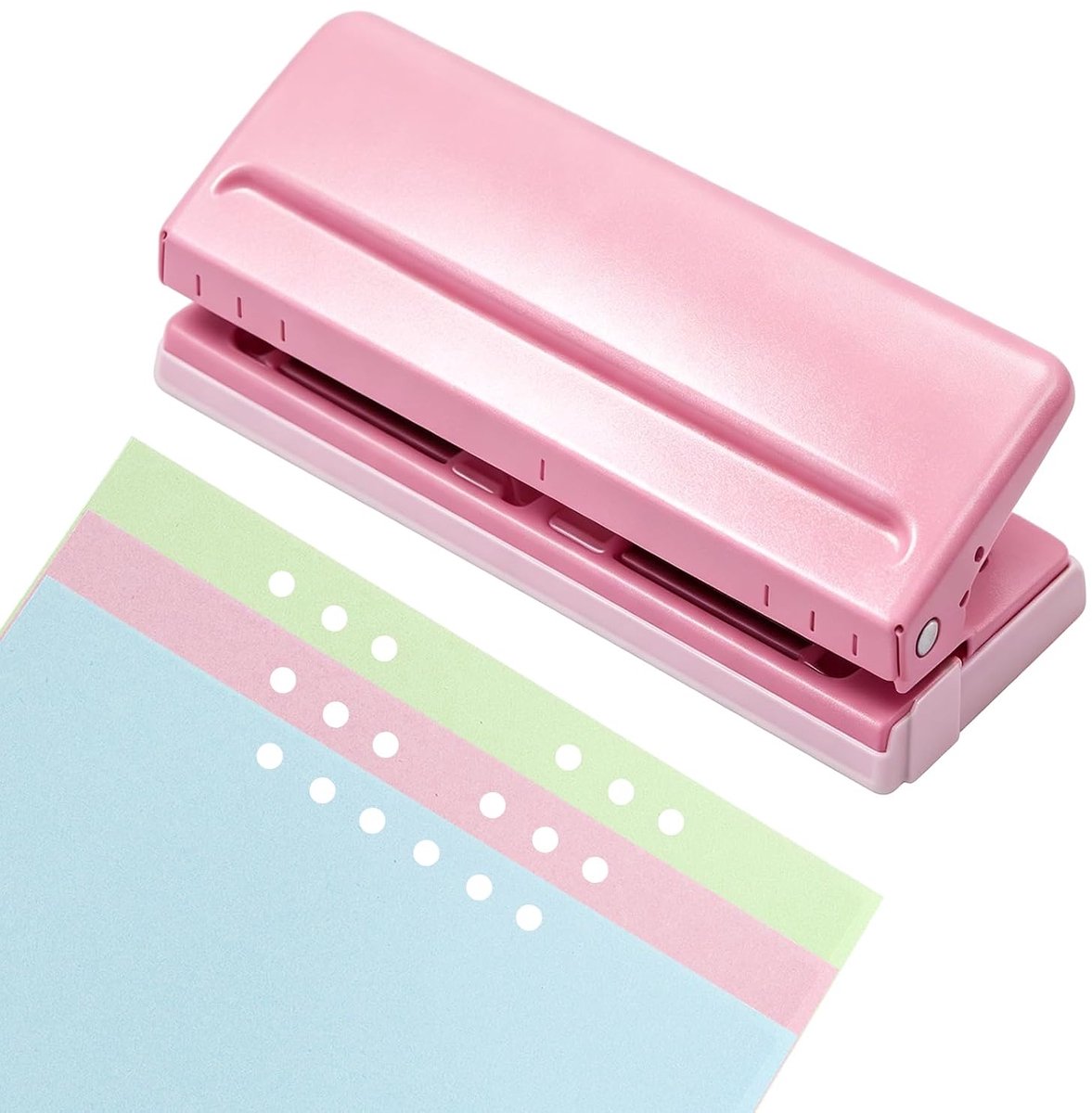 LISM-Verstelbare perforator met 6 gaten, metalen perforator met 6 gaten Geschikt voor ringbanden, antislipvoet, liniaal en gatengeleider (roze)