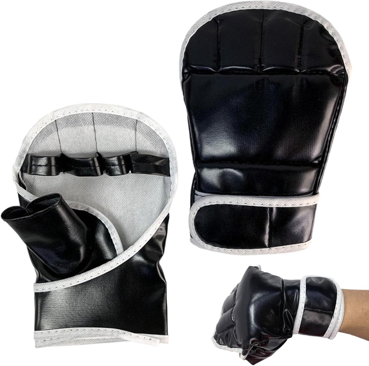 Kickbokshandschoenen - Sparringhandschoenen Grappling - Vechtsport Training - Open Palm Ontwerp - 20.5 x 14 cm - Zwart