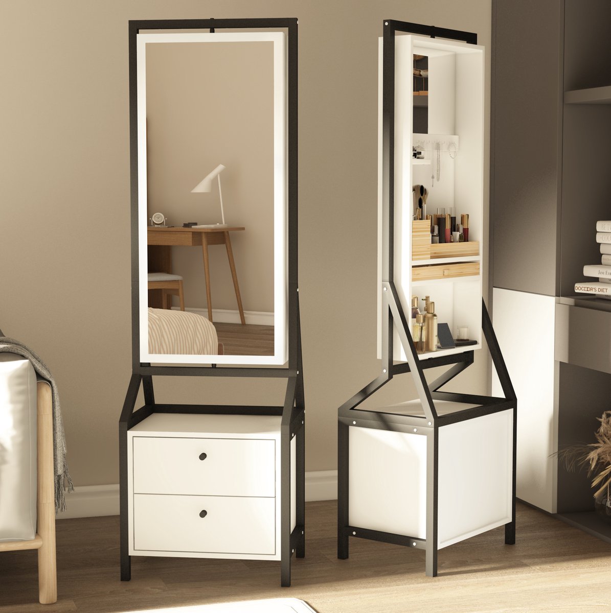 REDOM - Sieradenkast met Ganzkörperspiegel - draaibaar - 2 lades - ruime opbergruimte - modern design - slaapkamer en kleedkamer - MDF en staal - Wit - 45,2 x 34,8 x 164,8 cm