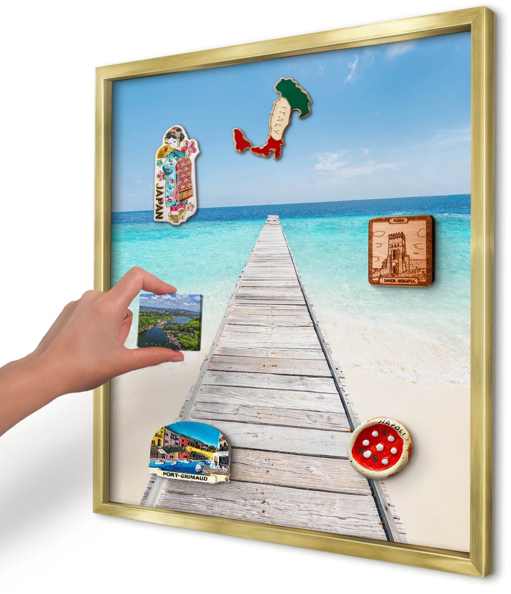Artprintcave Blauw Magneetbord mit Gouden Frame - 50x50 cm - Ocean Pier Magnetisch Bord - Minimalist Memobord Keuken - Landschappen