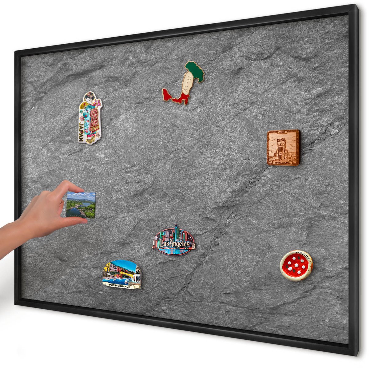 Artprintcave Grijs Magneetbord mit Zwart Frame - 100x70 cm - Grijze Steen Magneetbord Voor Keuken - Minimalist Memobord Keuken - Texturen
