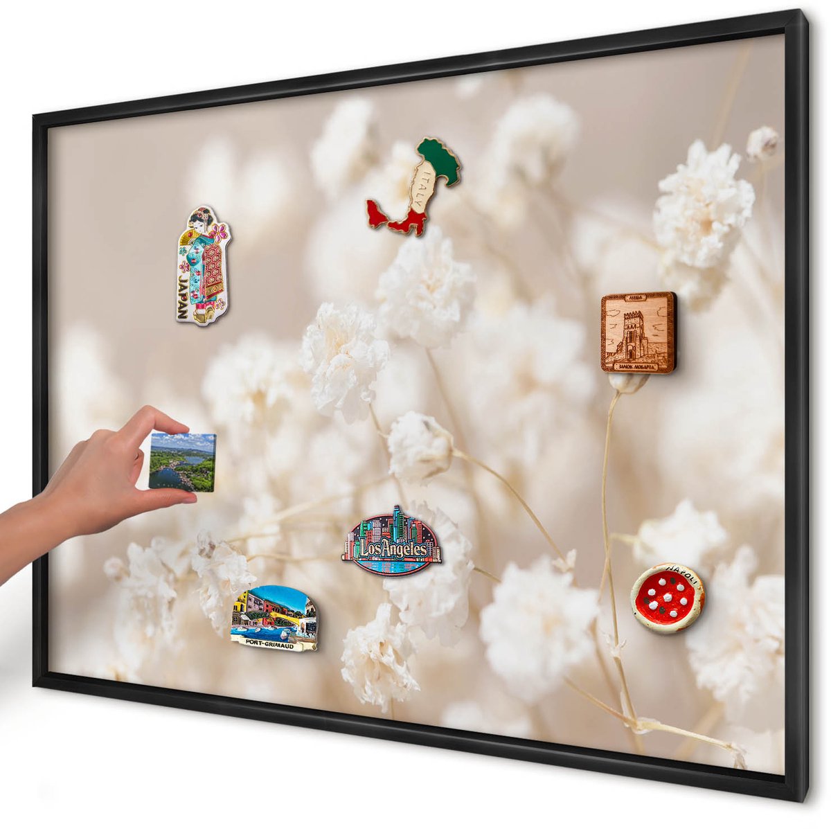 Artprintcave Beige Magneetbord mit Zwart Frame - 100x70 cm - Beige Bloemen Wandbord Magnetisch - Minimalist Magneetbord Voor Foto's - Bloemen En Planten