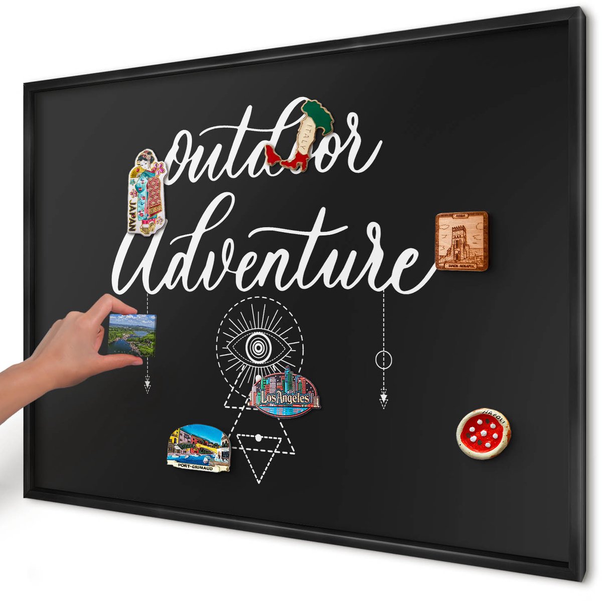 Artprintcave Zwart Magneetbord mit Zwart Frame - 100x70 cm - Buitenavontuur Magnetische Organizer - Typografisch Magneetbord Voor Keuken - Teksten