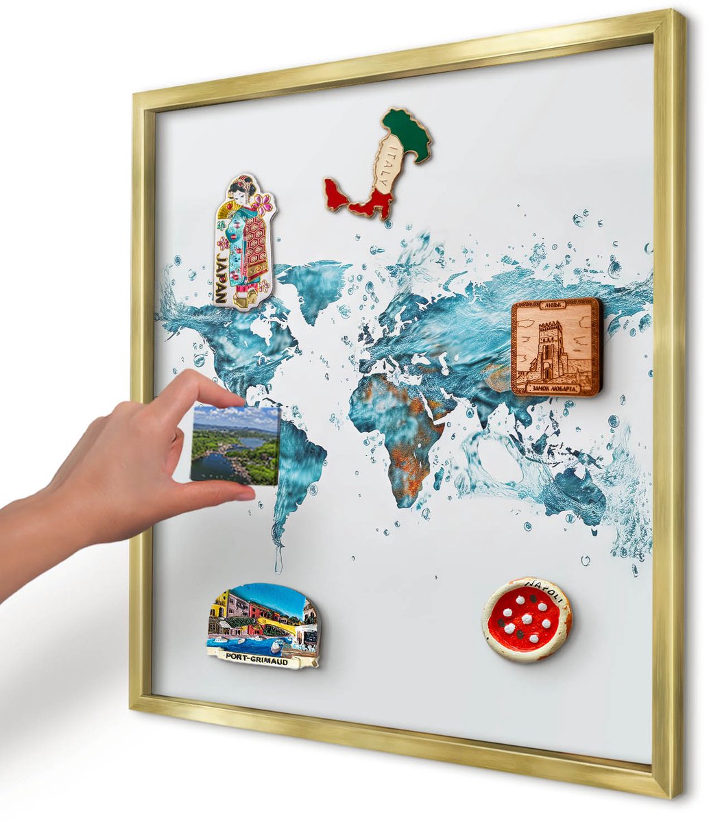 Artprintcave Turkoois Magneetbord mit Gouden Frame - 50x50 cm - Waterkaart Bord Voor Magneten - Abstract Magnetisch Bord - Kaarten