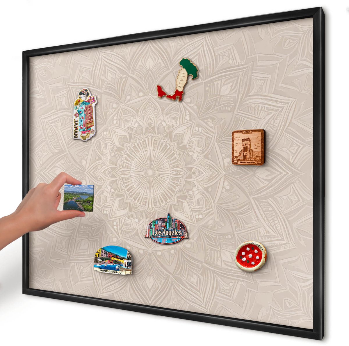 Artprintcave Beige Magneetbord mit Zwart Frame - 80x60 cm - Decoratieve Mandala Magneetbord Voor Foto's - Geometrische Wandbord Magnetisch - Geometrie