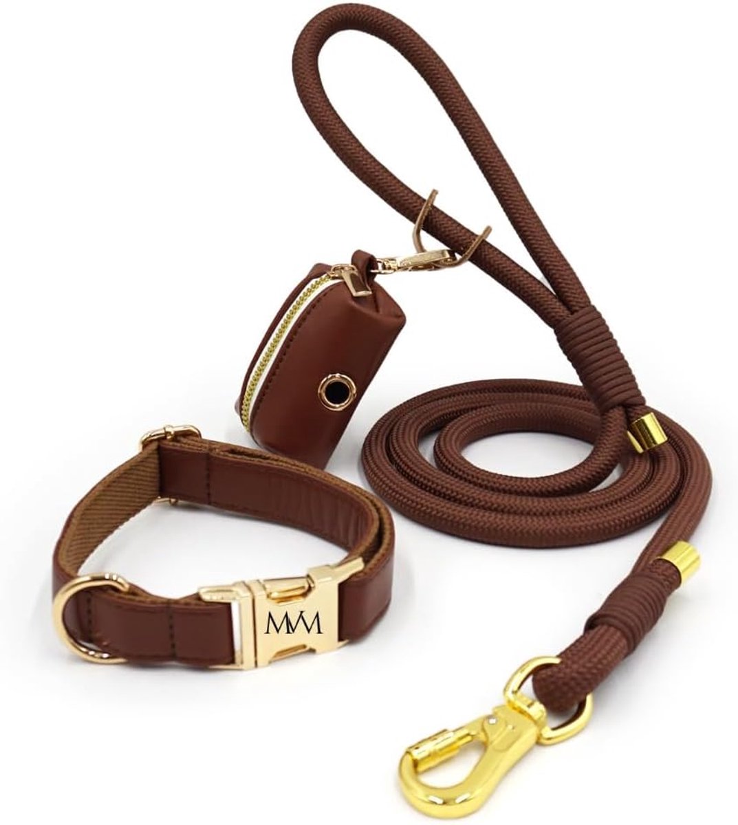 Hondenriem met halsband en poepzakdispenser - waterdicht - PU leder en gevlochten nylon - stijlvol wandelen - ShopVlot