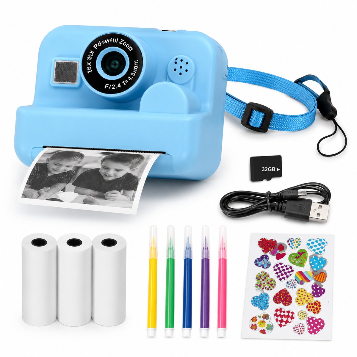 Kids Print Camera - Instant Printer - Fotoprinter camera - Multifunctionele digitale kindercamera - 1080P - 16x digitale zoom - Selfiemodus - 32 GB - Voor Kinderen 3-12 Jaar & Cadeau-Blauw