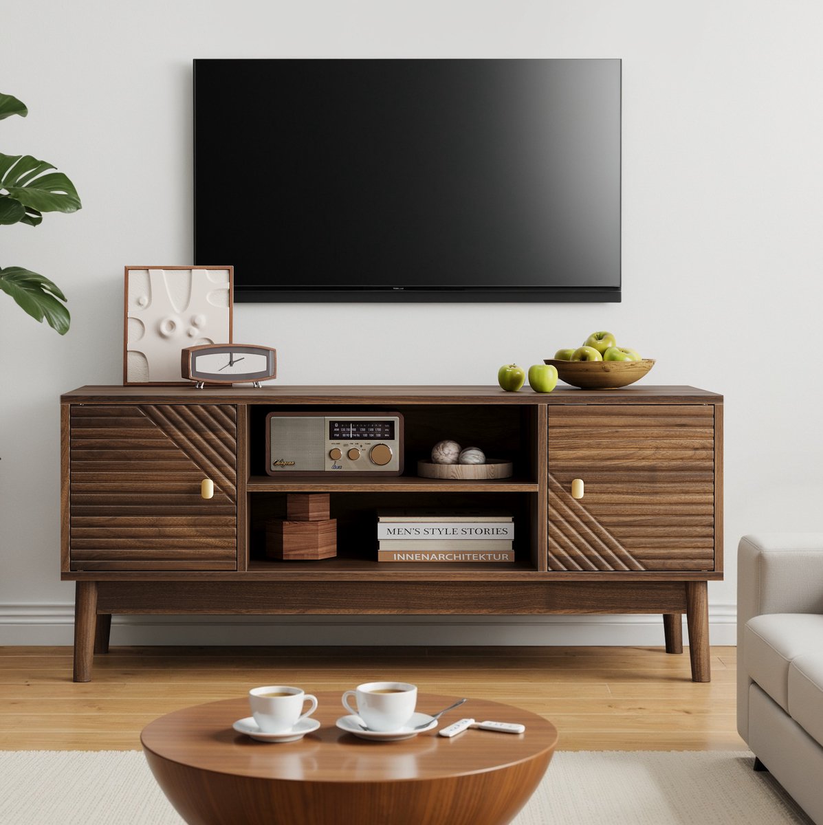 MIVRAY Tv Meubel - Mid Century Opbergkast Met Deuren En Open Vak - Voor Woonkamer En Slaapkamer - MDF - Walnootkleur - 110 Cm