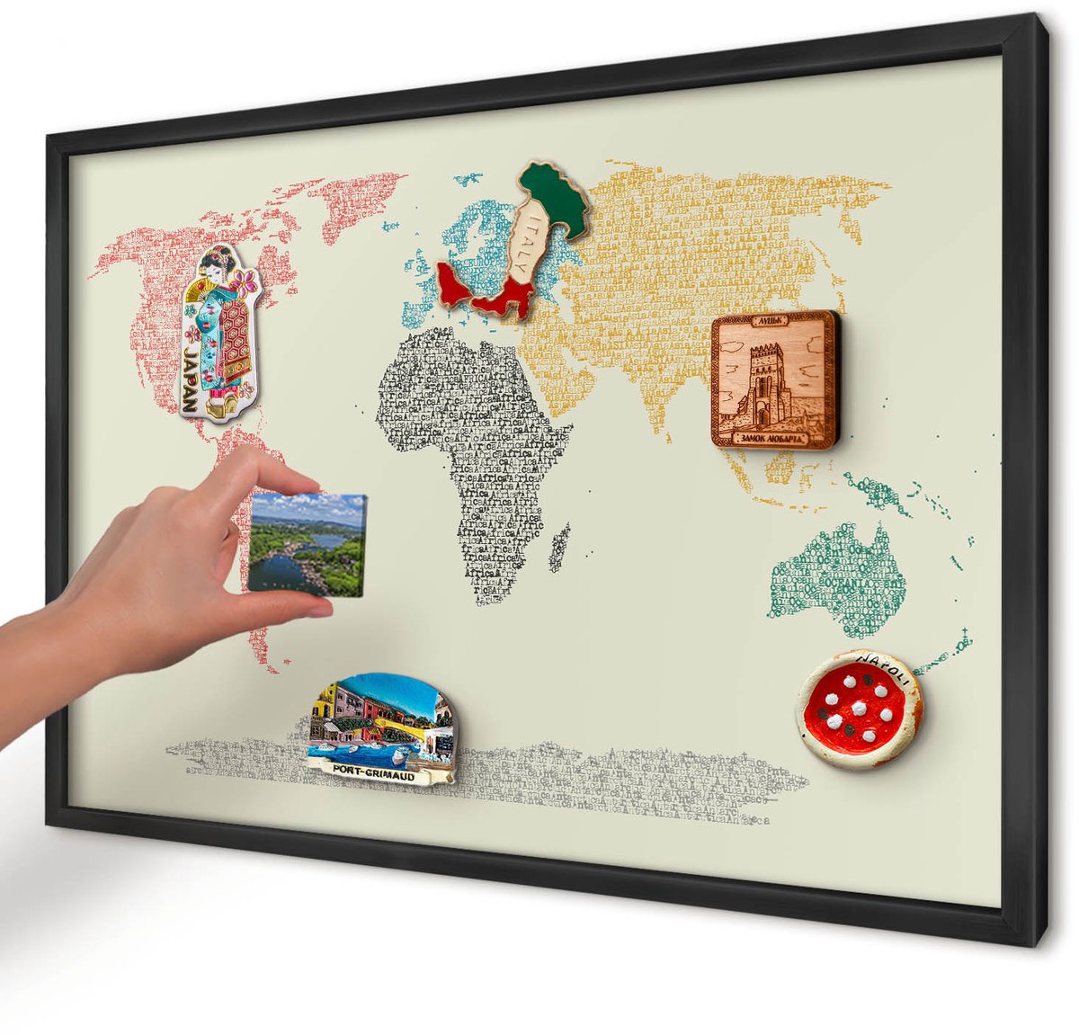 Artprintcave Beige Magneetbord mit Zwart Frame - 60x40 cm - Wereldkaart Magneetbord Voor Foto's - Typografisch Memobord Keuken - Kaarten