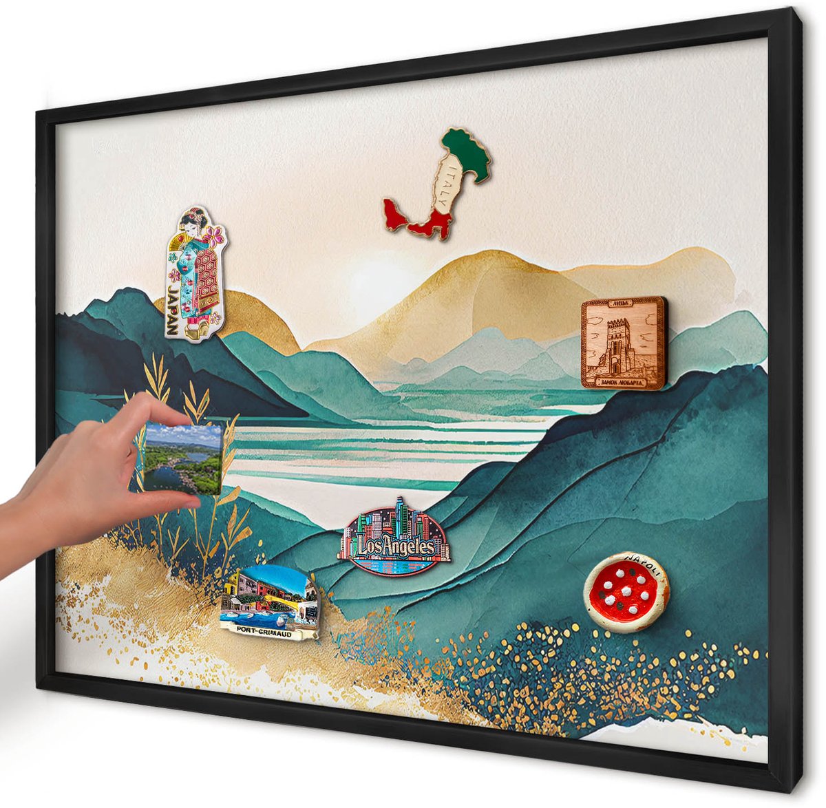 Artprintcave Turkoois Magneetbord mit Zwart Frame - 70x50 cm - Een Vredig Uitzicht Magneet Bord mit Frame - Waterverf Memobord Keuken - Landschappen