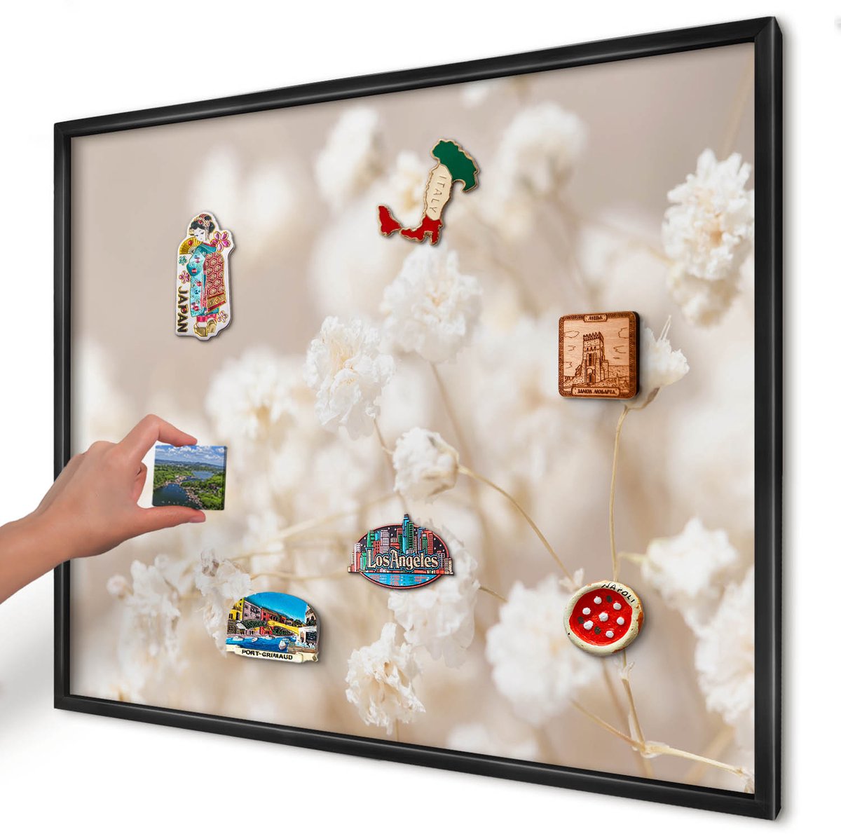 Artprintcave Beige Magneetbord mit Zwart Frame - 80x60 cm - Beige Bloemen Magneetbord Voor Foto's - Minimalist Magneetbord Voor Keuken - Bloemen En Planten