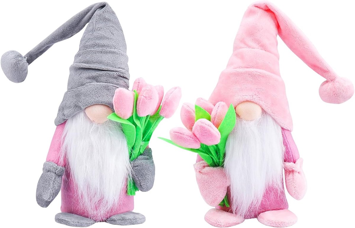 Lente kabouter met tulpen, bloemenboeketten, Moederdag, kabouter, handgemaakte lentedecoratie, pop, dwergdecoraties, voor vriendin, moeder, huwelijksdag, Moederdag, 2 stuks