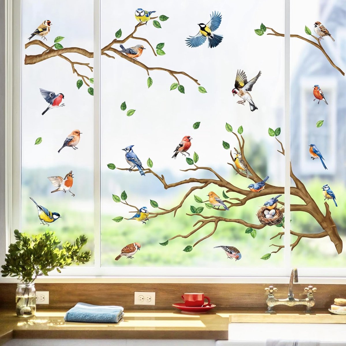 decalmile Raamsticker, lente, zomer, vogels, boomtak, dubbelzijdig, kolibrie, tegen botsingen, glas, venster, deuren