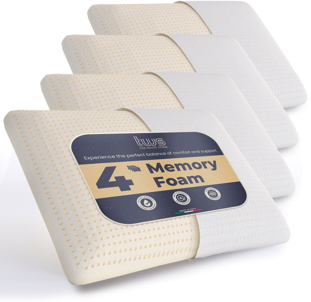 White Stone The White Stone Set van 4 Memory Foam Kussens 40 x 70 cm | Hoogte 11 cm | Hypoallergeen, Ergonomisch en Ademend Nekkussen | Anti-stikfunctie en Verkoelend Bianco