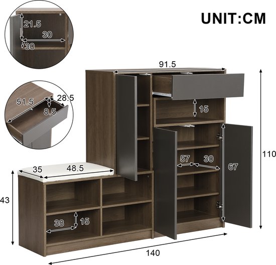 MIVRAY Schoenenkast - Schoenenbank Met Gepolsterde Zitting En Verstelbare Planken - Voor Hal En Entree - Grijs - 140 X 35 X 110 Cm — afbeelding 2