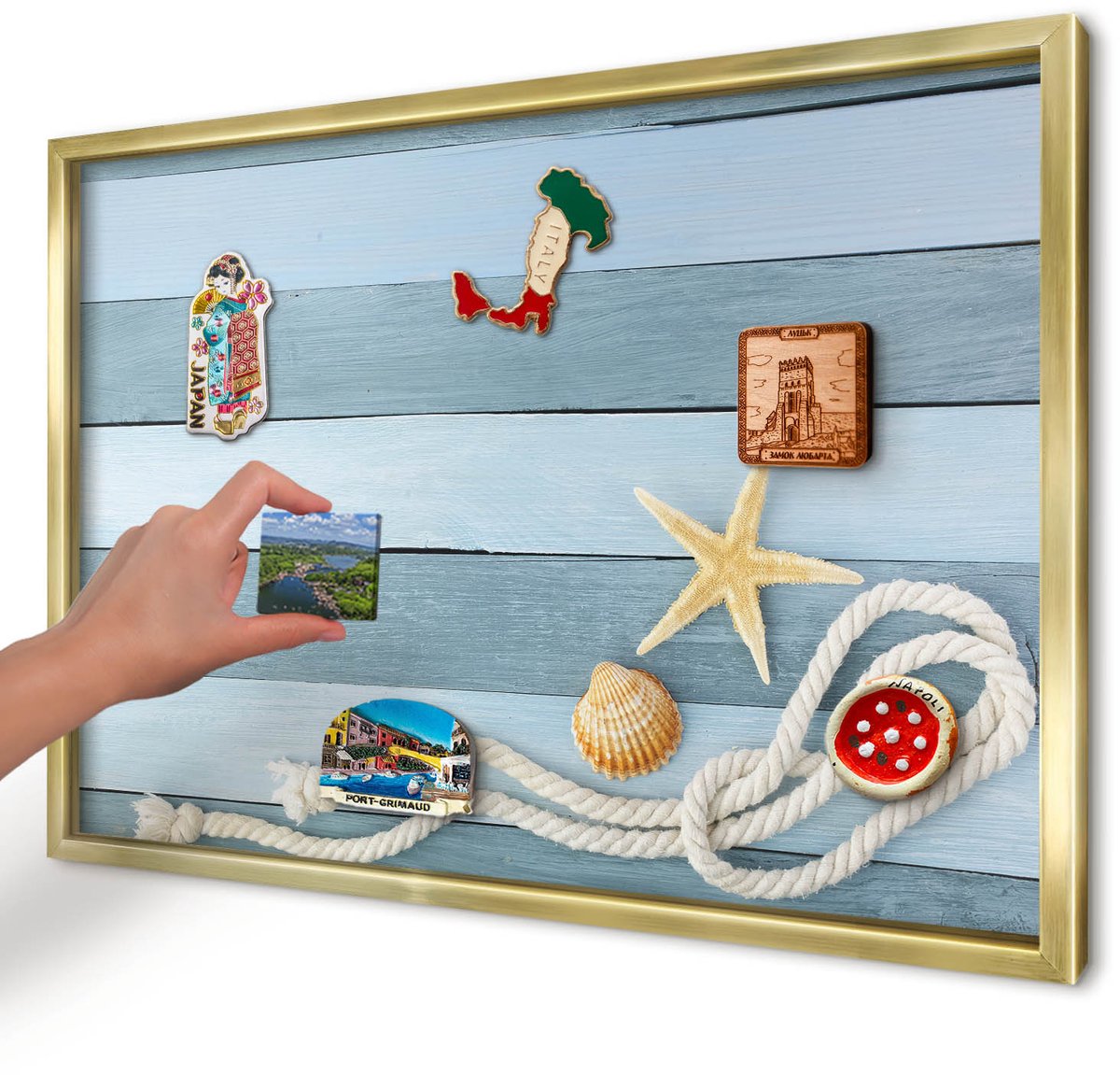 Artprintcave Blauw Magneetbord mit Gouden Frame - 60x40 cm - Maritiem Klimaat Magnetisch Bord Voor Magneten - Modern Magneet Bord mit Frame - Natuur