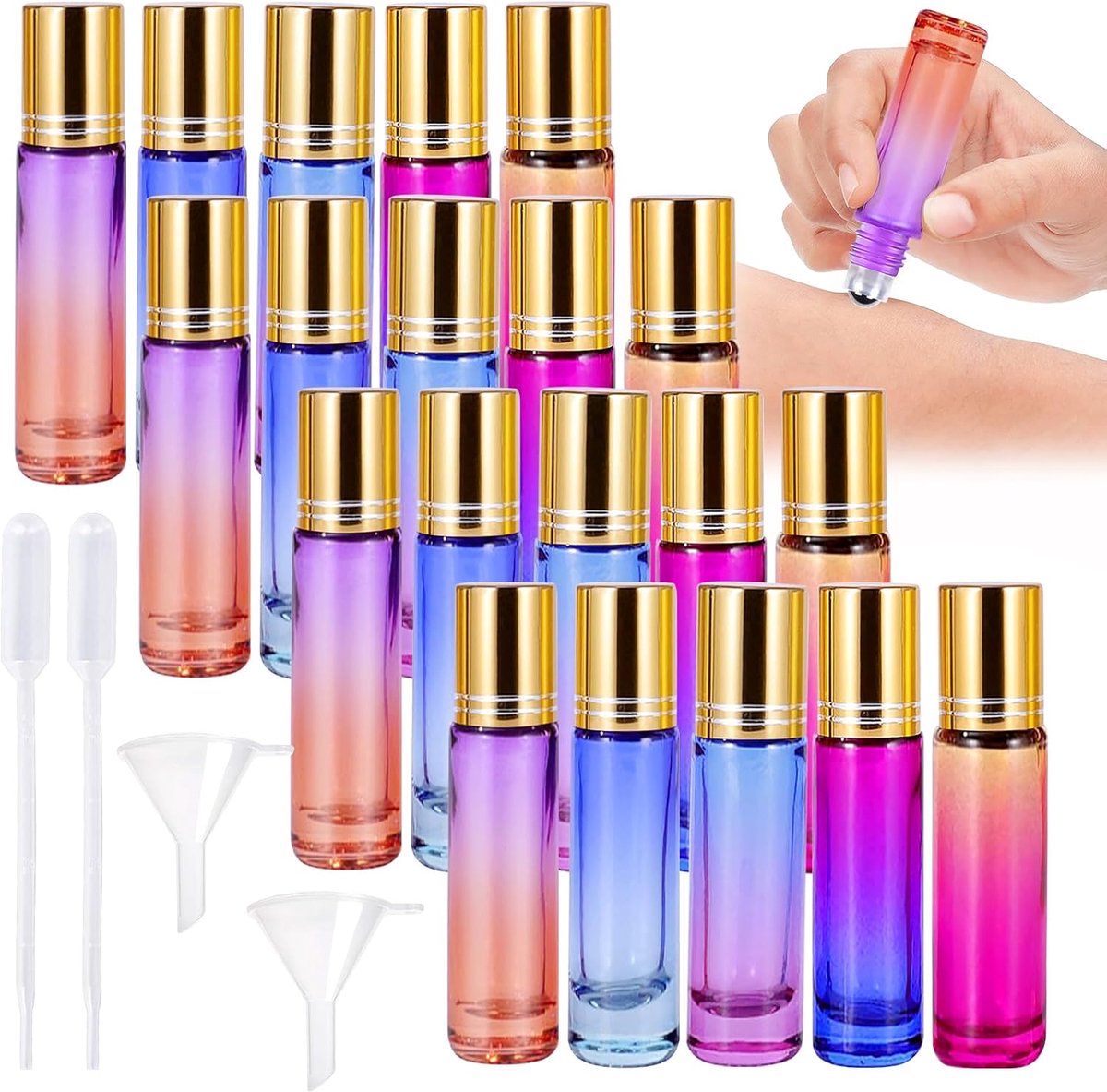 Flessen met etherische oliën, 20 stuks, glazen flessen, lege flessen van 10 ml, met roestvrijstalen ballen, navulbaar, voor etherische oliën, aromatherapie, parfum