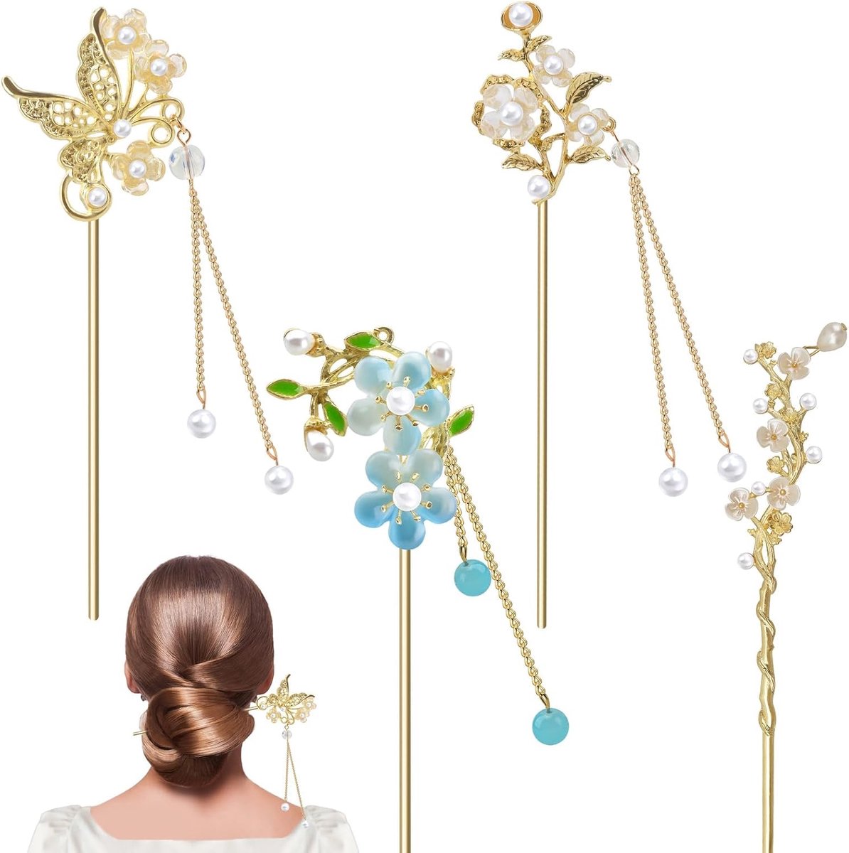 Haarspelden, Chinese haarspelden met kwasten, bloemen, haarstok, vlinder, haarstokken, haarstokjes haaraccessoires voor meisjes en dames, haaraccessoires