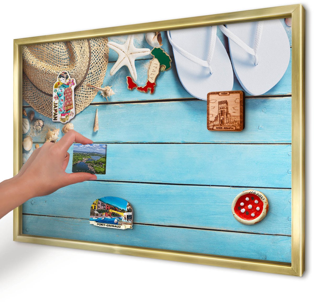 Artprintcave Blauw Magneetbord mit Gouden Frame - 60x40 cm - Vakantiesfeer Magneetbord Voor Foto's - Modern Magneet Bord mit Frame - Natuur
