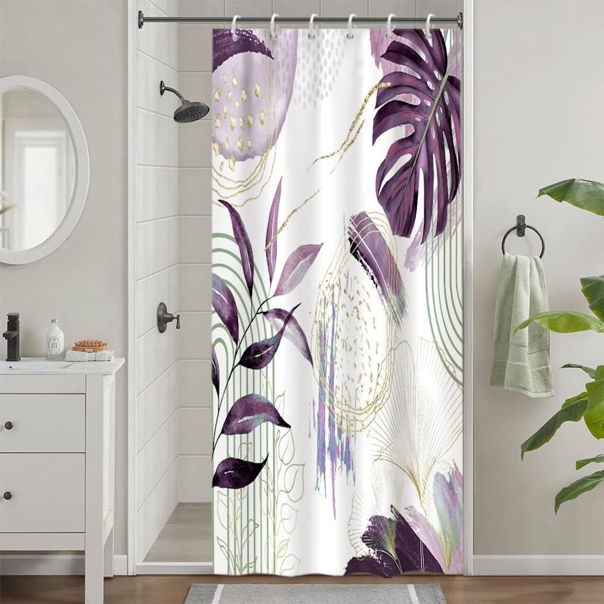 SnelShoppen - Douchegordijn, Schimmelbestendig, Smal Douchegordijn 90x180cm, Tropisch Lavendel, Palmbladeren Jungle, Kleine Badkamer Gordijnen, Wasbaa