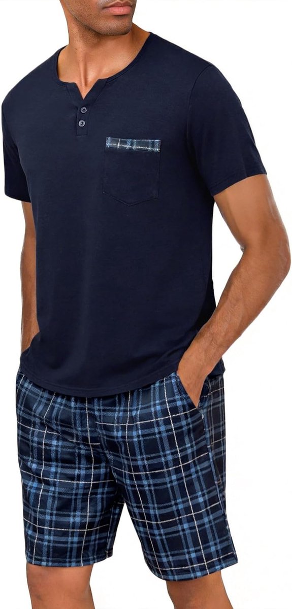 Korte herenpyjama van katoen met 2 geruite knopen voor de zomer, nachtkleding voor mannen S-3XL, blauw geruit, M