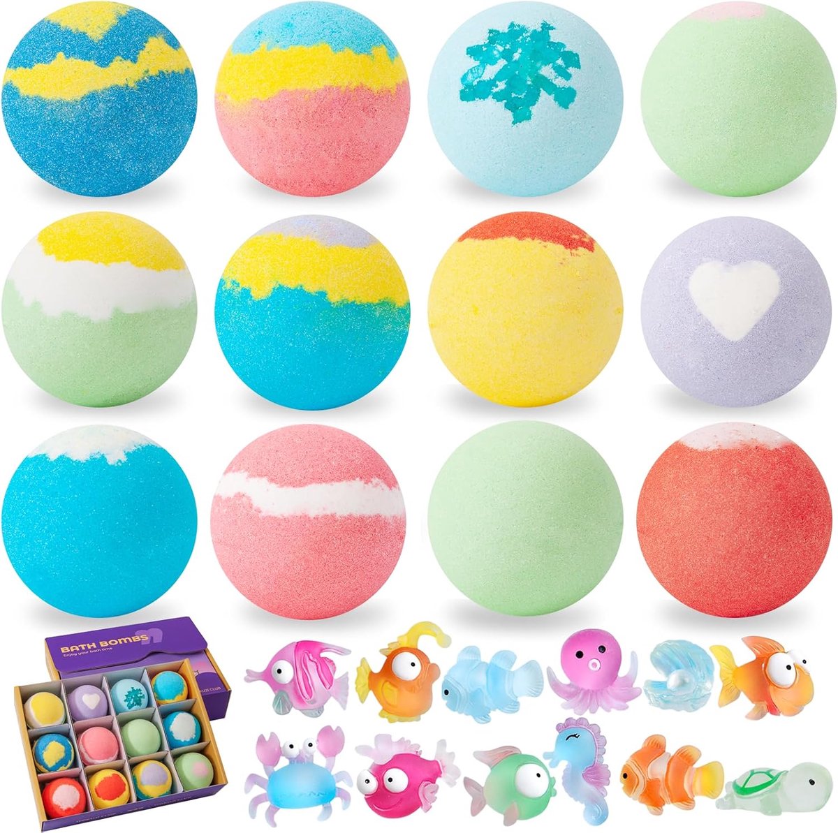 Bruisballen badbommen, 12 stuks badbommen voor kinderen, met verrassingsspeelgoed binnenin, biologische badbruisballen met rijke bubbels, cadeaus voor jongens en meisjes van 4-15 jaar