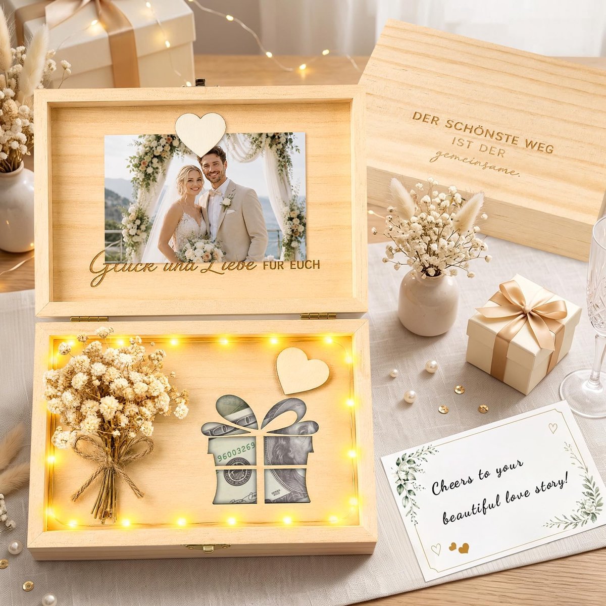 Omgoods - Geldgeschenkdoos Bruiloft van Hout met Kaart en Gedroogde Bloemen