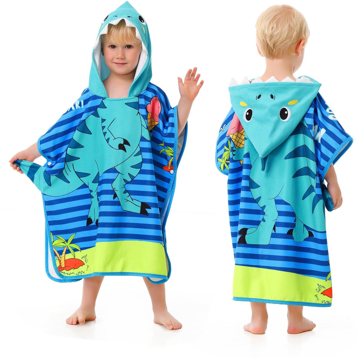 Omgoods - Kind Poncho Handdoek met Dinosaurus Motief voor Bad en Zwembad