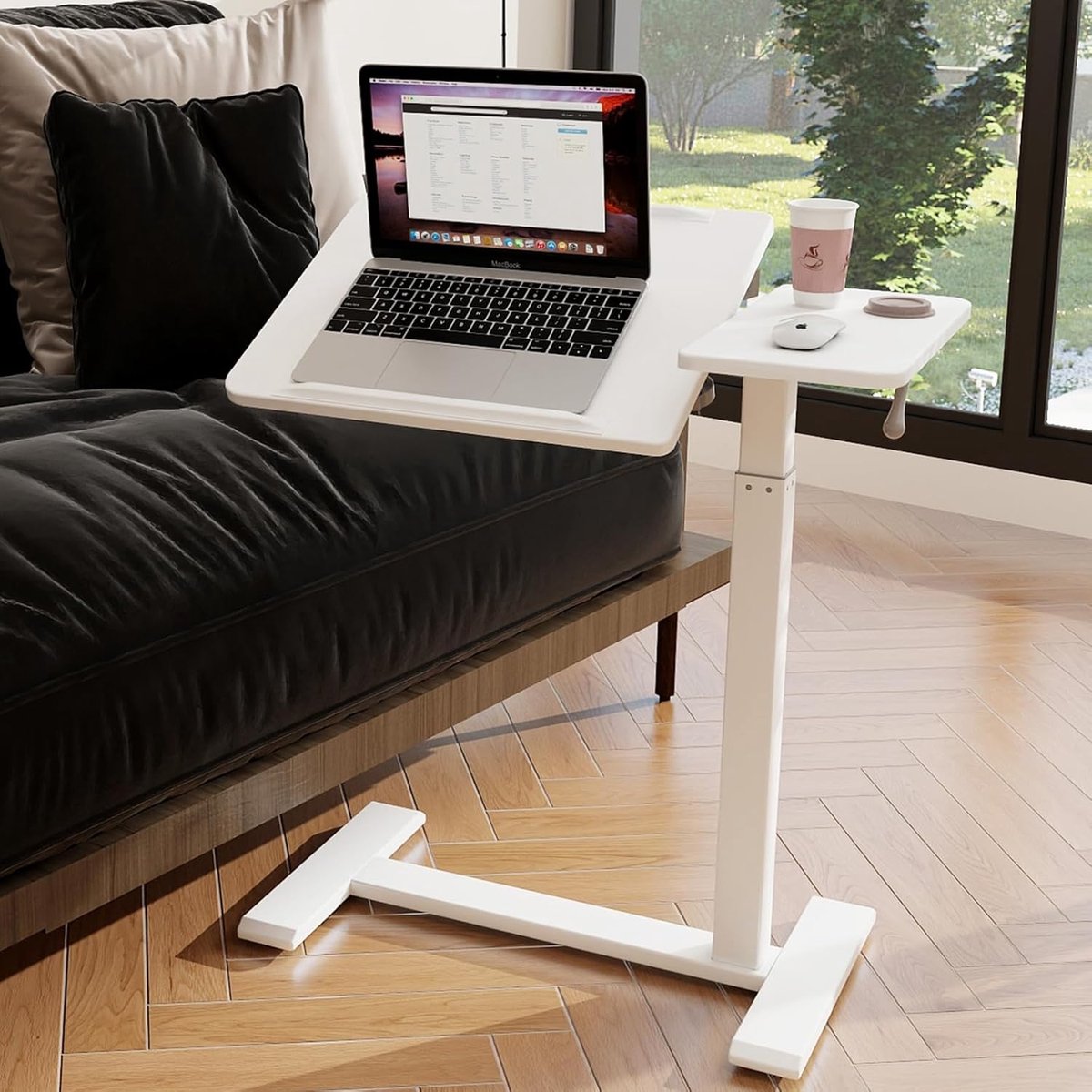 Bijzettafel met wielen voor laptop, verstelbaar, 70-102 cm, wit | In hoogte verstelbare statafel voor bank / bed, bijzettafel, in hoogte verstelbaar, in C-vorm, mobiel werkstation