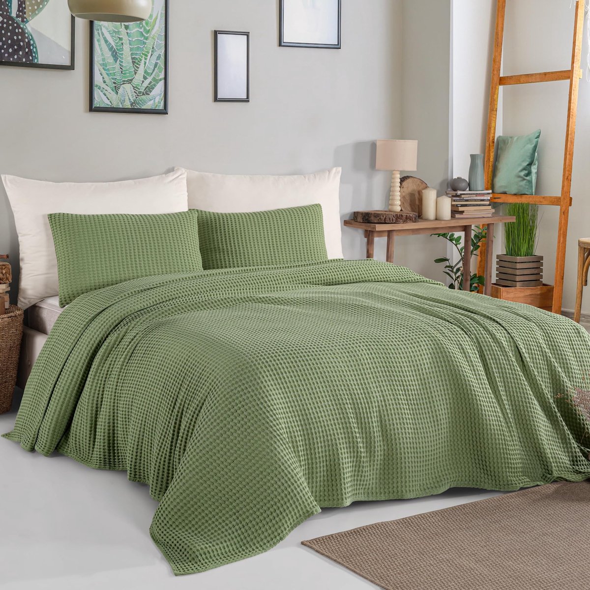 Omgoods - Milam London Super King Bedsprei - 100% Katoenen Deken 240x280cm Saliegroen
