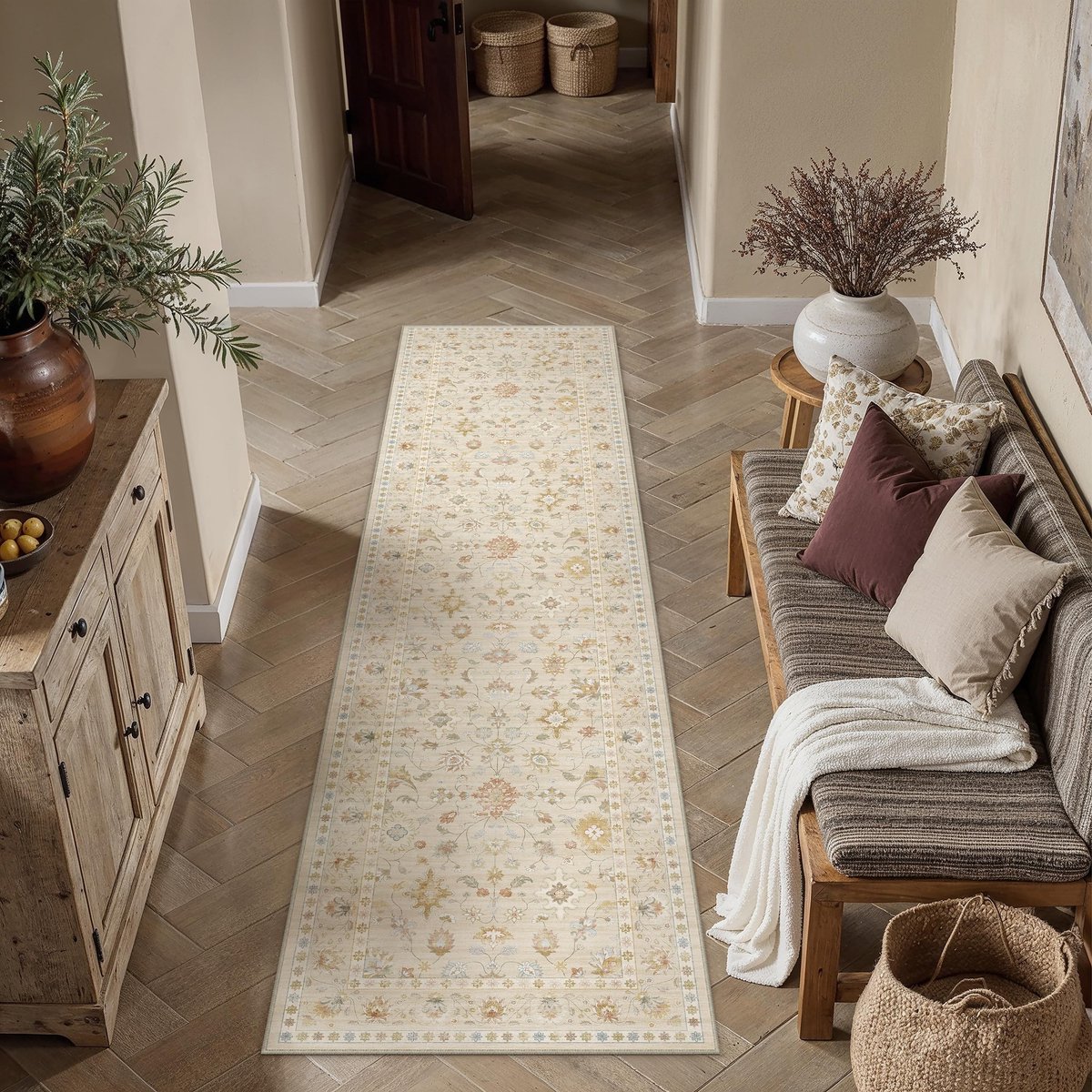 Omgoods - Vintage Runner Vloerkleed 60x240 cm - Wasbaar en Antislip Lichtbeige