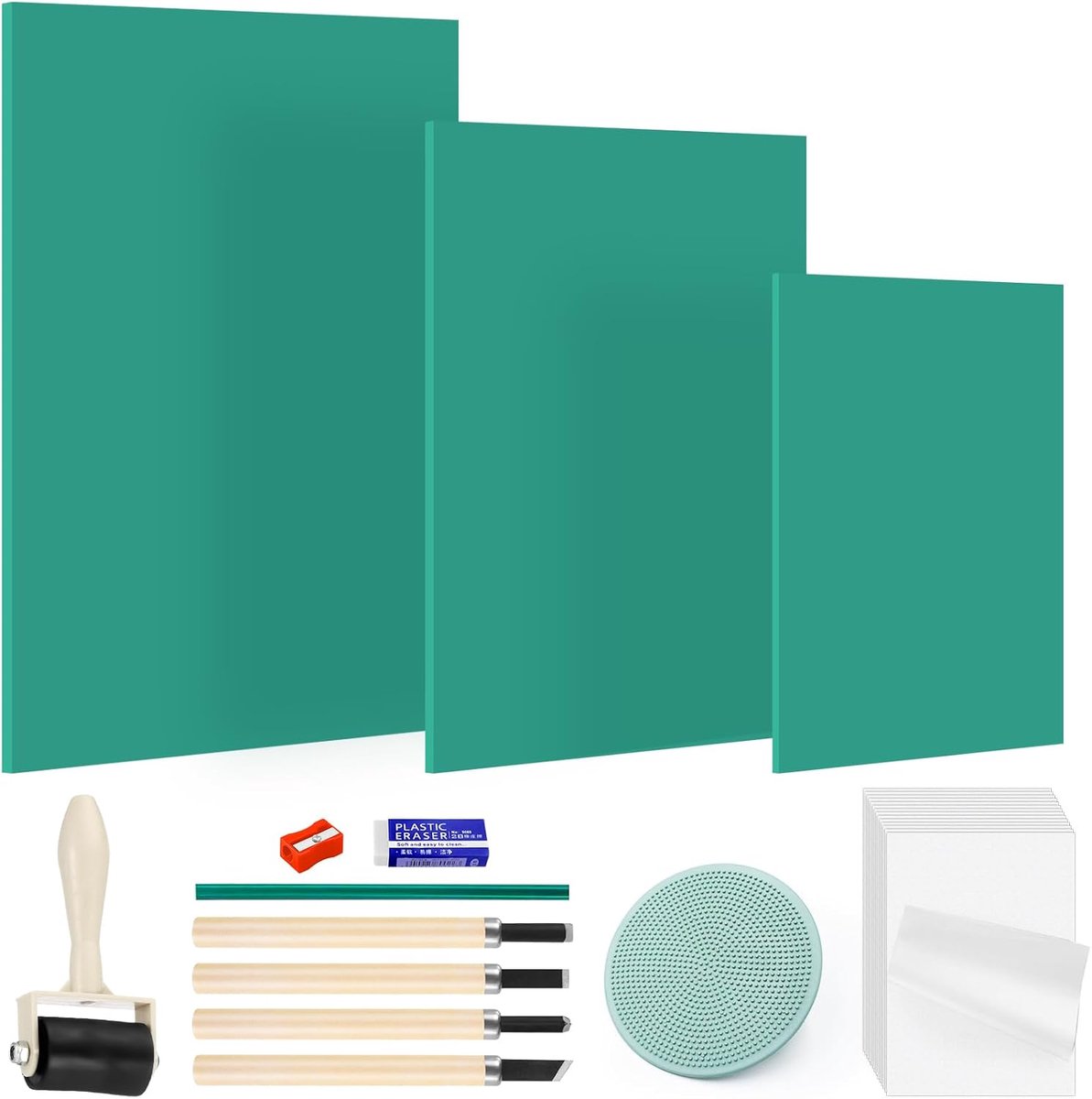 Linoleumplaten, 27 stuks, linoldruk, stempelrubber, linolgesneden met 15 stuks rijstpapier voor beginners, zacht rubber, linoldrukplaat (A4 + A5 + A6) voor kunstcreatie en stempelsnijwerk