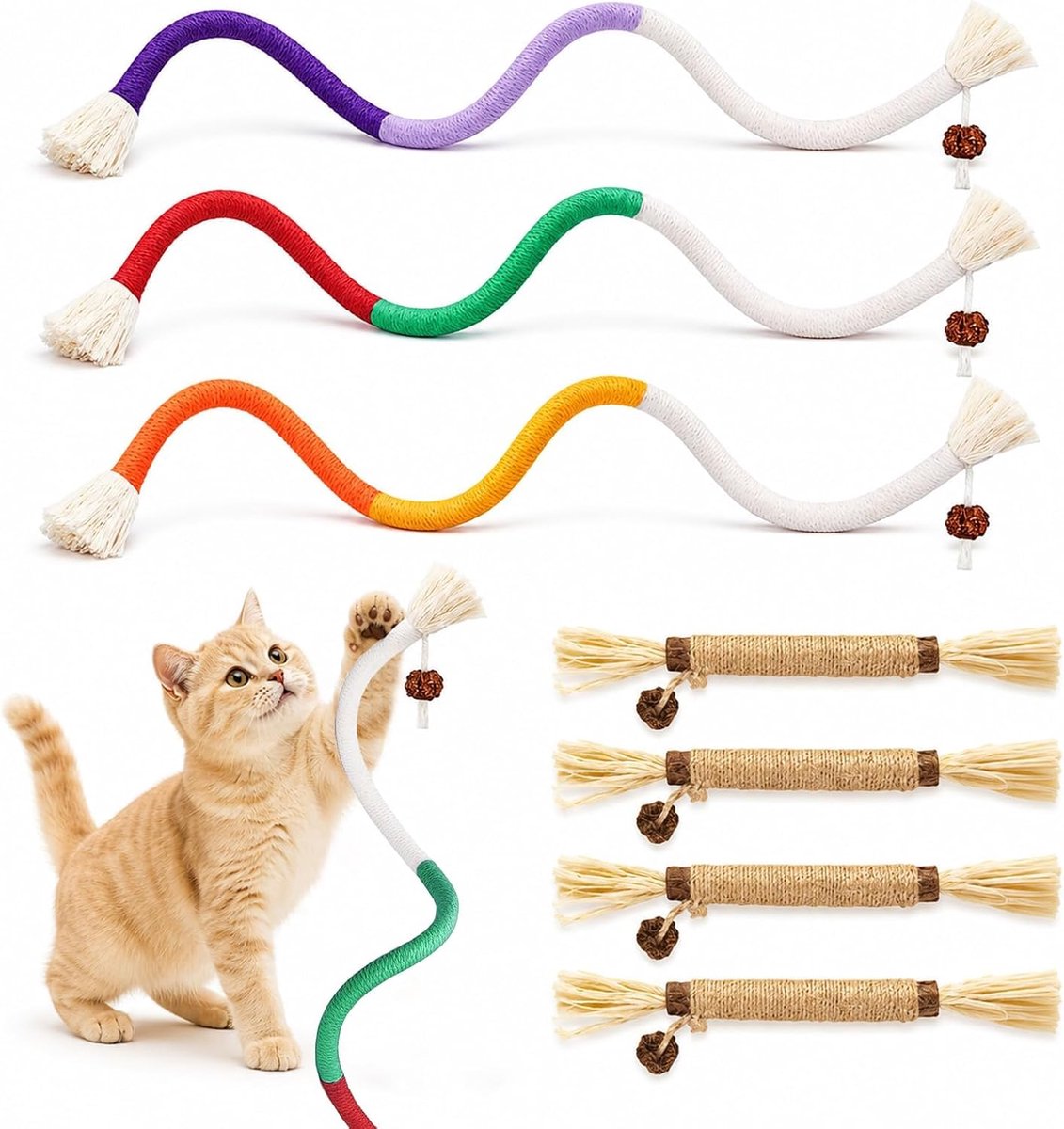 Speeltjes voor katten en 3 kattenkruidstokjes – Kattenspeelgoed, kauwtouwen voor katten, speelgoed voor zelfvermaak, tandverzorging & preventie van slechte adem