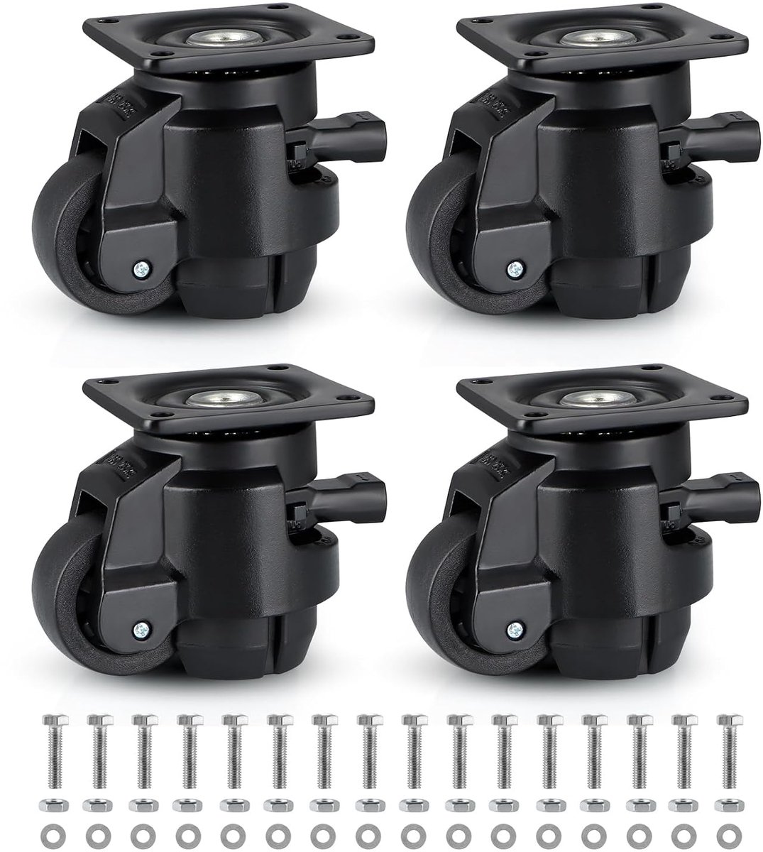 Nivelleringsmachine-wielen, 50 mm plaatwielen met ratelgreep, intrekbare wielen voor werkbank, uitrusting, set van 4, zwart