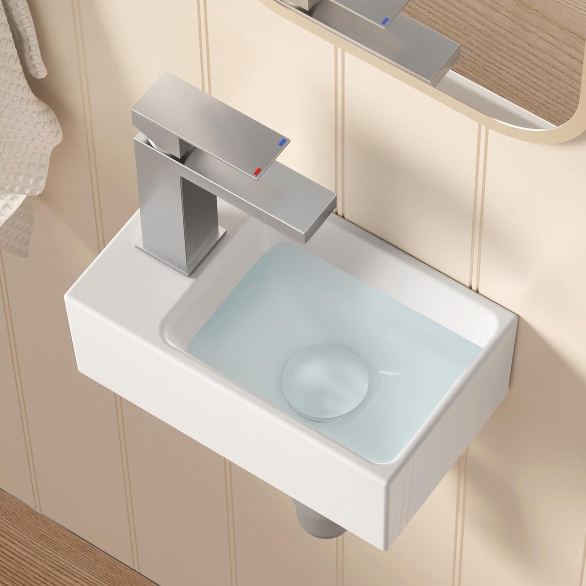 Badkamer Vessel Sink Keramische Hand Wastafel, Kleine Garderobe Basin Rechthoekige Wastafel Linker Hand Tap Gat, 30CM x 16CM Porselein Keramisch Wit, BWS100L