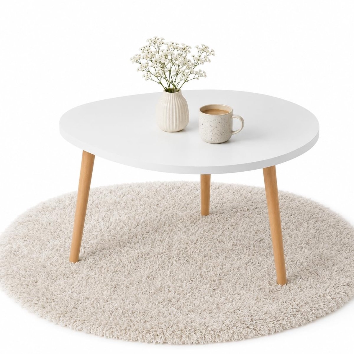 Omgoods - Scandinavische Koffietafel - Wit Ovalen Tafel met Houten Poten