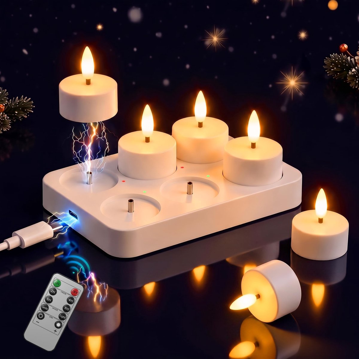 Omgoods - Oplaadbare LED Theelichten - Set van 6 met Flikkerende Vlam en Timerfunctie