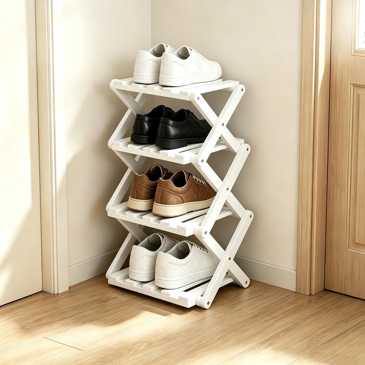 Omgoods - Vouwbaar Bamboo Schoenenrek, 4 Lagen, Ivoorwit