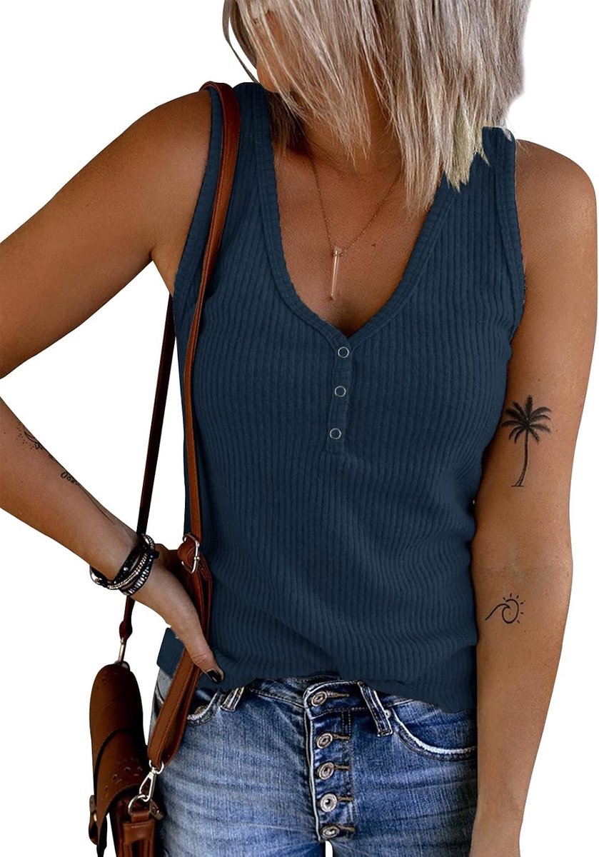 Dames Tanktop Chique V-hals Tank Tops Casual Mouwloze T-shirts Geribde Gebreide Knoop Shirts Sexy Vest Lente Zomer Tuniek Crop Tops