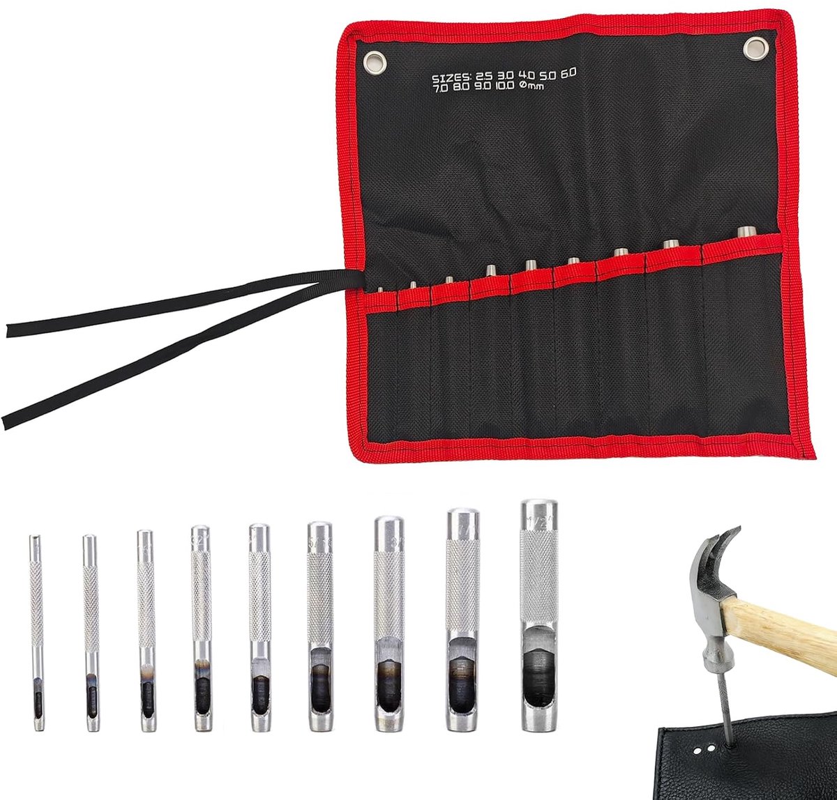 9 stuks locheisen set leer, rond stansgereedschap, stansgereedschap set, hol lochset van hoog koolstofgehalte, voor nauwkeurig stansen van gaten in leer, horlogebandjes, handwerk en reparaties