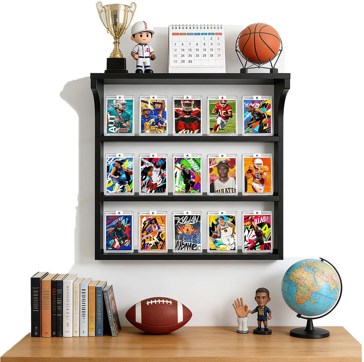 Omgoods - Wandhouder voor Ruilkaarten - Houten Displaykast voor Sportkaarten - Zwart