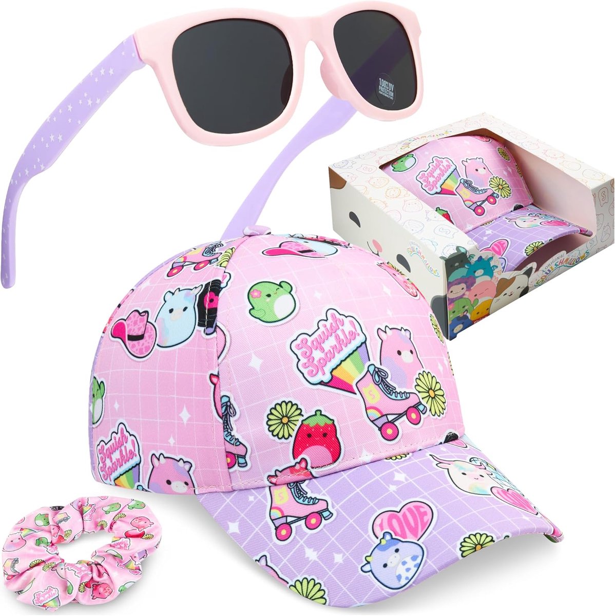 Trend Hello Kitty Barbie Squishmallows Honkbalpet voor meisjes, UV-bescherming zonnebril & zachte scrunchies, 3-delige set