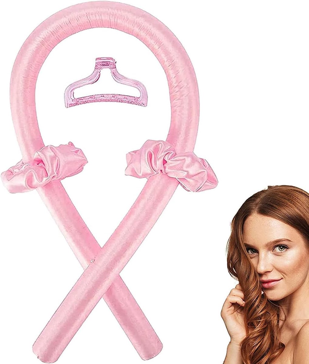 Krulband zonder warmte met haarspeld zachte hoofdband voor 's nachts zonder warmte, satijnen krulspelden voor kort en lang haar, warmtevrije krullen (roze)